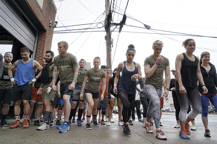 Animated GIF of CrossFit competitors starting the "Murph" workout.