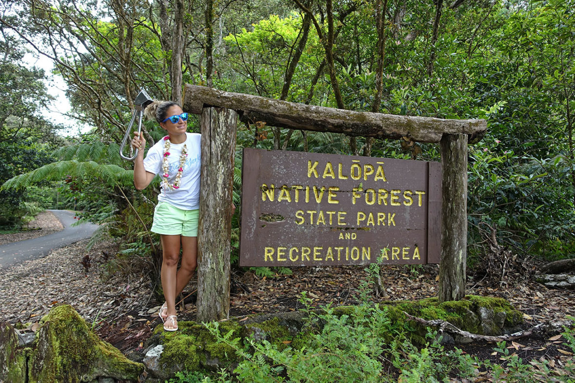 Emille holding the Subway Handle by the Kalopa Native Forest State Park on The Big Island of Hawaii
