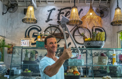 Matty holding the Subway Handle in Silk Road Whole Foods in Canggu, Bali, Indonesia by NY See You Later