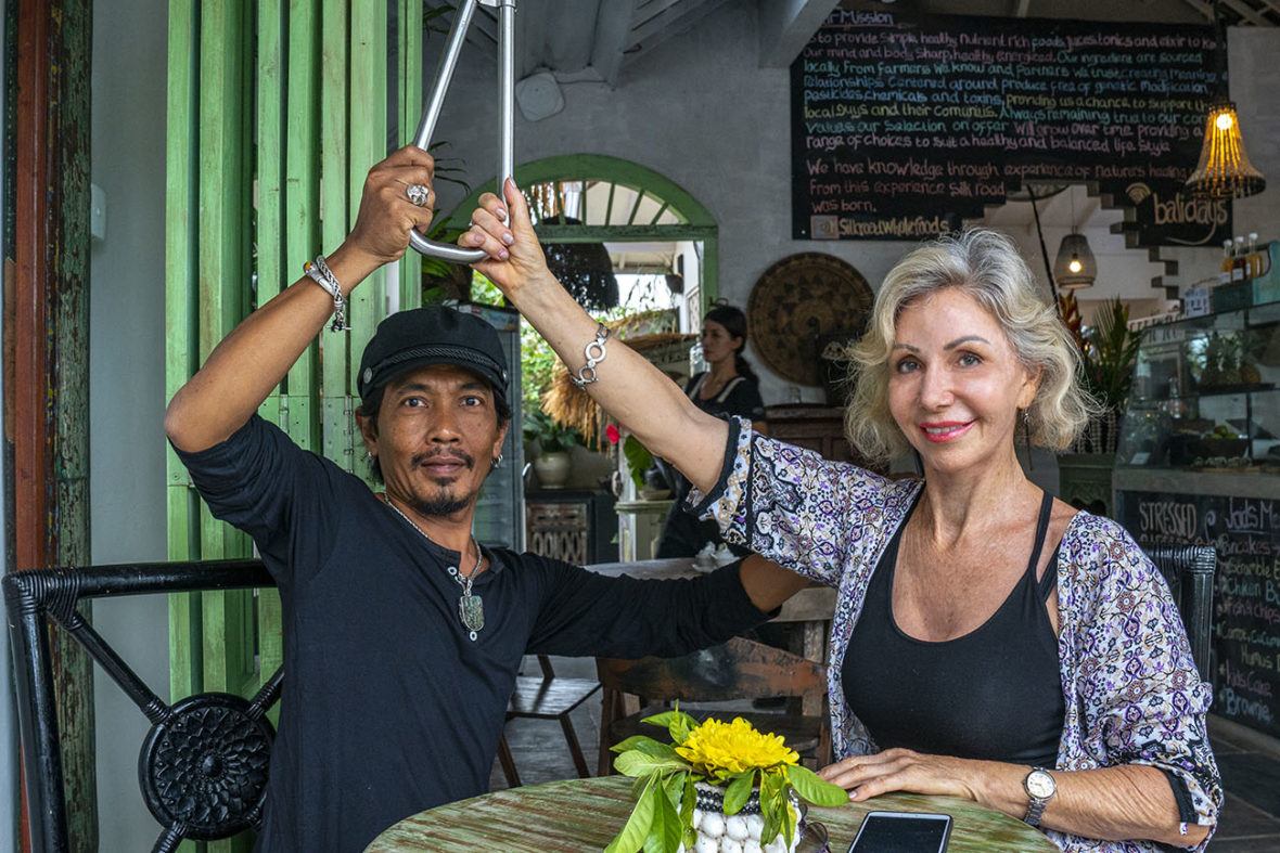 Aesp and Fiona and Fiona holding the Subway Handle in Silk Road Whole Foods in Canggu, Bali, Indonesia by NY See You Later