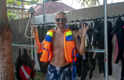 Photo of Dan with Penida Dive Resort holding the Subway Handle on Nusa Penida Island, Bali, Indonesia. We went diving at Manta Point and Labyrinth.